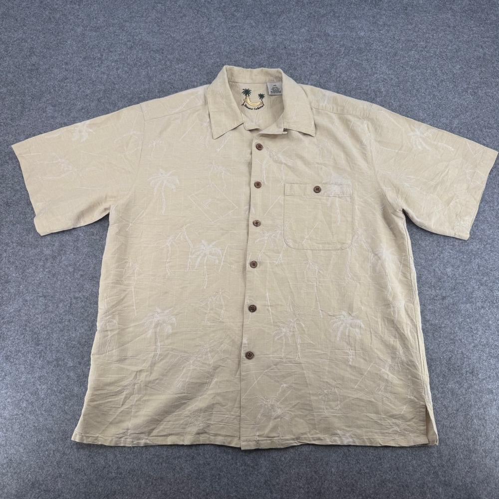 Banana Cabana Mens Large Tan 100% Silk Embroidered Palm Tree Camp Shirt L